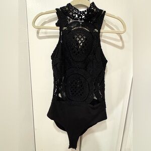 Rumor Boutique XS ALL EYELET BLACK LACE LEOTARD BODYSUIT zip back high neck